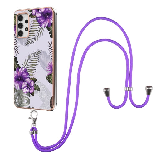 For Samsung Galaxy A32 5G Electroplating Pattern IMD TPU Shockproof Case with Neck Lanyard(Purple Flower)