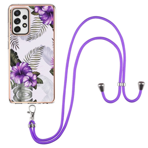 For Samsung Galaxy A72 5G / 4G Electroplating Pattern IMD TPU Shockproof Case with Neck Lanyard(Purple Flower)