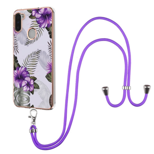 For Samsung Galaxy M11 / A11 Electroplating Pattern IMD TPU Shockproof Case with Neck Lanyard(Purple Flower)