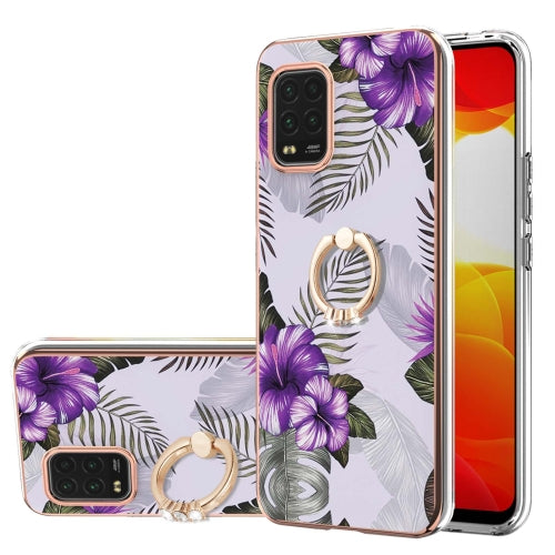 For Xiaomi Mi 10 Lite 5G Electroplating Pattern IMD TPU Shockproof Case with Rhinestone Ring Holder(Purple Flower)