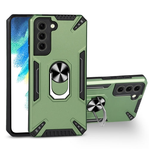 For Samsung Galaxy S21 FE PC + TPU Protective Case with 360 Degrees Rotatable Ring Holder(Dark Green)