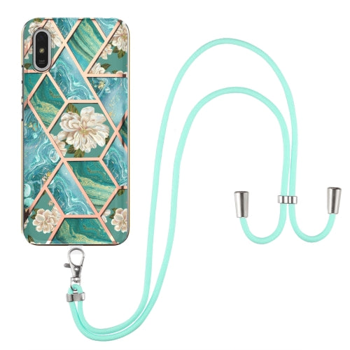 For Xiaomi Redmi 9A Electroplating Splicing Marble Flower Pattern TPU Shockproof Case with Lanyard(Blue Flower)