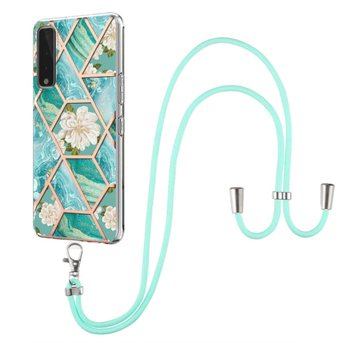 For LG Stylo 7 5G Electroplating Splicing Marble Flower Pattern TPU Shockproof Case with Lanyard(Blue Flower)