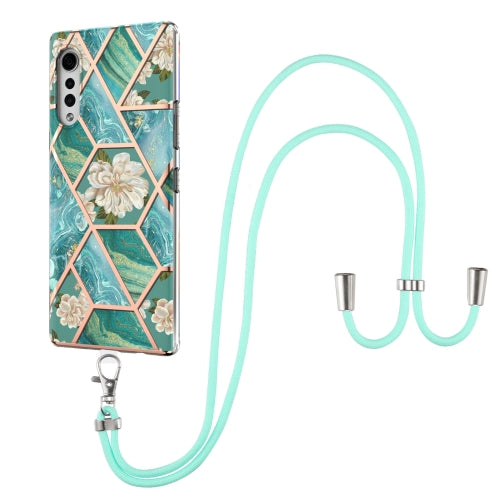 For LG Velvet 4G / Velvet 5G / G9 Electroplating Splicing Marble Flower Pattern TPU Shockproof Case with Lanyard(Blue Flower)