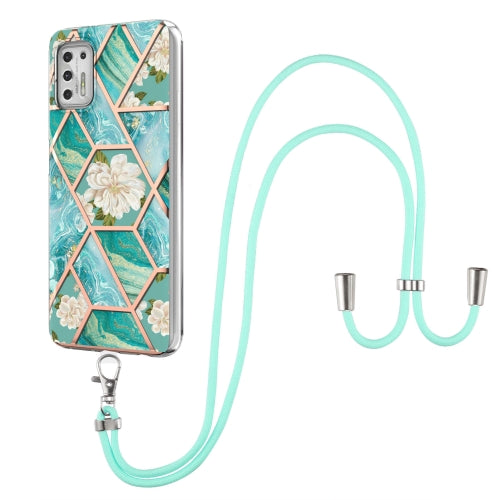 For Motorola Moto G Stylus 2021 Electroplating Splicing Marble Flower Pattern TPU Shockproof Case with Lanyard(Blue Flower)