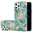 Electroplating Splicing Marble Flower Pattern TPU Shockproof Case with Rhinestone Ring Holder For iPhone 12 Pro Max(Blue Flower)