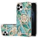 Electroplating Splicing Marble Flower Pattern TPU Shockproof Case with Rhinestone Ring Holder For iPhone 11 Pro(Blue Flower)