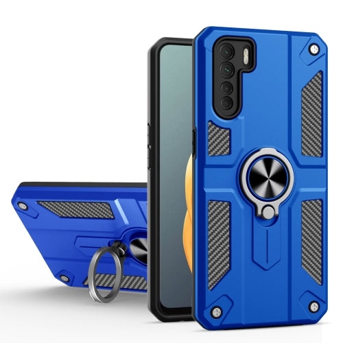 Carbon Fiber Pattern PC + TPU Protective Case with Ring Holder For OPPO A91(Dark Blue)