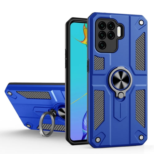 Carbon Fiber Pattern PC + TPU Protective Case with Ring Holder For OPPO A94 / F19 Pro / Reno5 F / Reno5 Lite(Dark Blue)