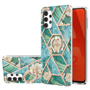For Samsung Galaxy A32 5G Electroplating Splicing Marble Flower Pattern TPU Shockproof Case with Rhinestone Ring Holder(Blue Flower)