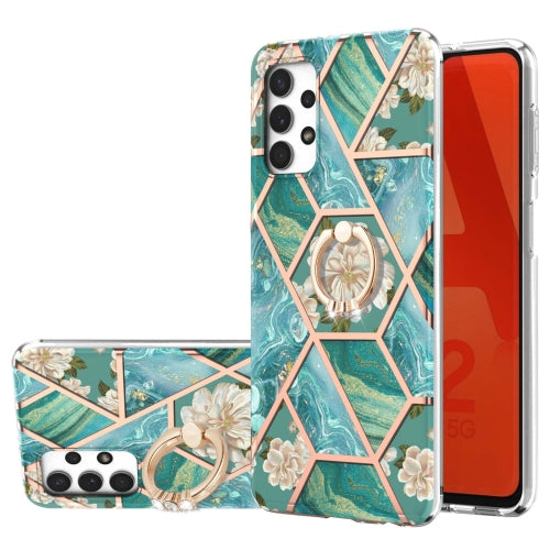 For Samsung Galaxy A32 5G Electroplating Splicing Marble Flower Pattern TPU Shockproof Case with Rhinestone Ring Holder(Blue Flower)