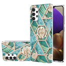 For Samsung Galaxy A32 4G EU Version Electroplating Splicing Marble Flower Pattern TPU Shockproof Case with Rhinestone Ring Holder(Blue Flower)