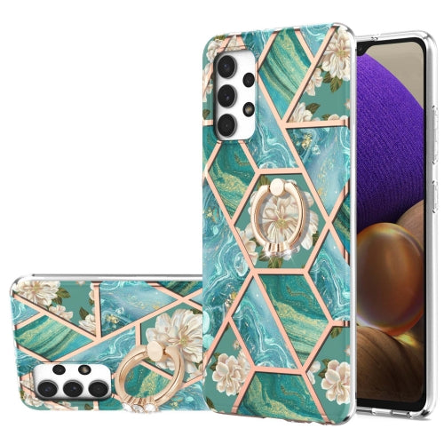 For Samsung Galaxy A32 4G EU Version Electroplating Splicing Marble Flower Pattern TPU Shockproof Case with Rhinestone Ring Holder(Blue Flower)