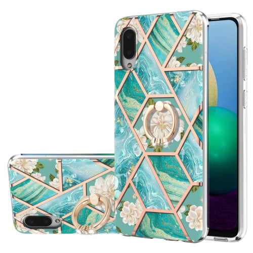 For Samsung Galaxy A02 / M02 Electroplating Splicing Marble Flower Pattern TPU Shockproof Case with Rhinestone Ring Holder(Blue Flower)
