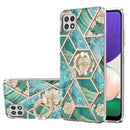 For Samsung Galaxy A22 5G US Version Electroplating Splicing Marble Flower Pattern TPU Shockproof Case with Rhinestone Ring Holder(Blue Flower)