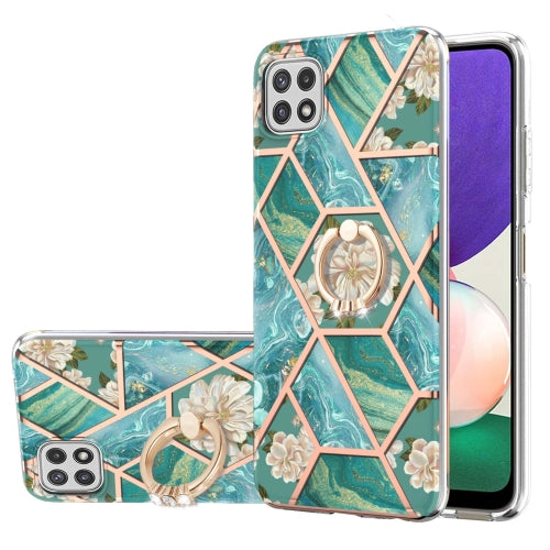 For Samsung Galaxy A22 5G US Version Electroplating Splicing Marble Flower Pattern TPU Shockproof Case with Rhinestone Ring Holder(Blue Flower)