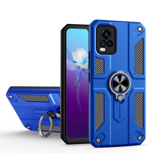 Carbon Fiber Pattern PC + TPU Protective Case with Ring Holder For vivo V20(Dark Blue)