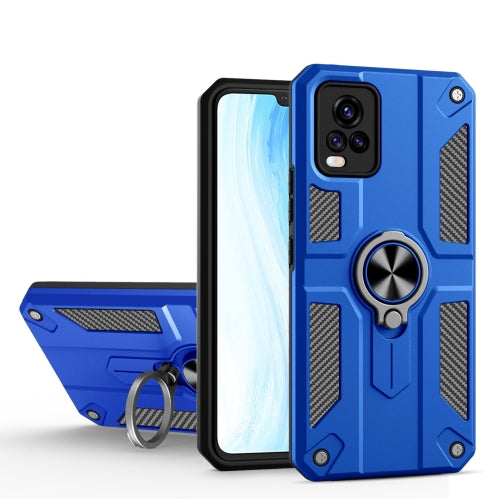Carbon Fiber Pattern PC + TPU Protective Case with Ring Holder For vivo V20 Pro(Dark Blue)