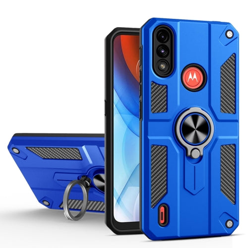 For Motorola Moto E7 Power Carbon Fiber Pattern PC + TPU Protective Case with Ring Holder(Dark Blue)