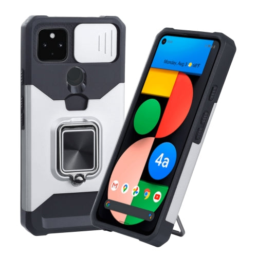 For Google Pixel 5a 5G Sliding Camera Cover Design PC + TPU Shockproof Case with Ring Holder & Card Slot(Silver)