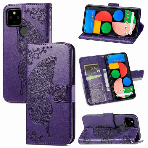 Butterfly Love Flowers Embossed Horizontal Flip Leather Case with Holder & Card Slots & Wallet & Lanyard For Google Pixel 5A 5G(Dark Purple)