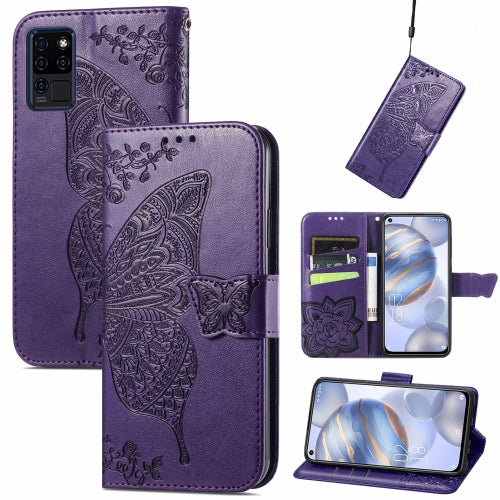 Butterfly Love Flowers Embossed Horizontal Flip Leather Case with Holder & Card Slots & Wallet & Lanyard For Oukitel C21(Dark Purple)