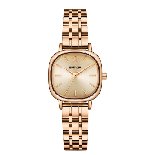 SANDA P1098 Simple Bar Scale Oval Dial Quartz Watch for Women(Steel Belt Rose Gold)
