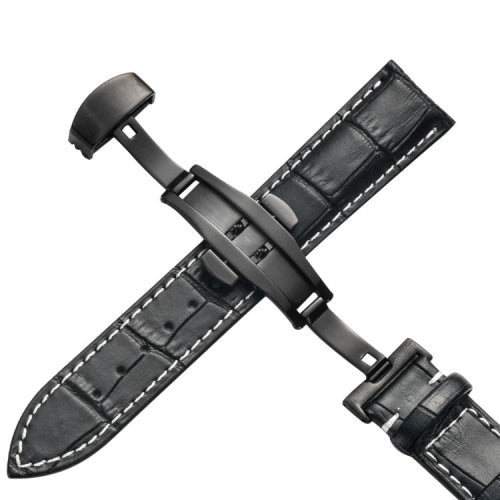 14mm Classic Cowhide Leather Black Butterfly Buckle Replacement Strap Watchband(Black White Lines)