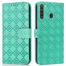 For Samsung Galaxy A21 Embossed Big Small Concentric Squares Pattern Horizontal Flip Leather Case with Card Slot & Holder & Wallet(Green)