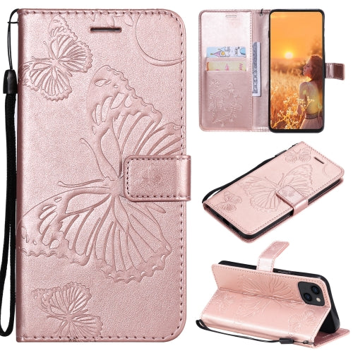 3D Butterfly Embossed Pattern Horizontal Flip Leather Case with Holder & Card Slot & Wallet & Lanyard For iPhone 13(Rose Gold)