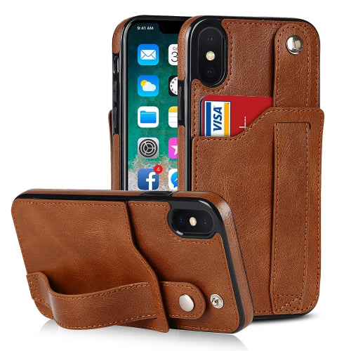 Crazy Horse Texture Shockproof TPU + PU Leather Case with Card Slot & Wrist Strap Holder For iPhone XS Max(Brown)