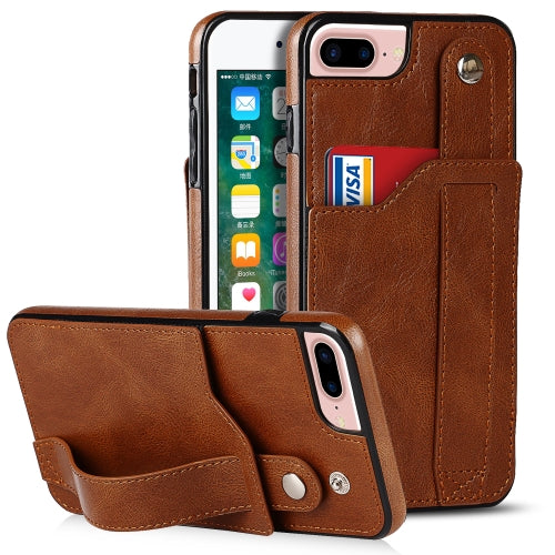 Crazy Horse Texture Shockproof TPU + PU Leather Case with Card Slot & Wrist Strap Holder For iPhone 7 Plus / 8 Plus(Brown)