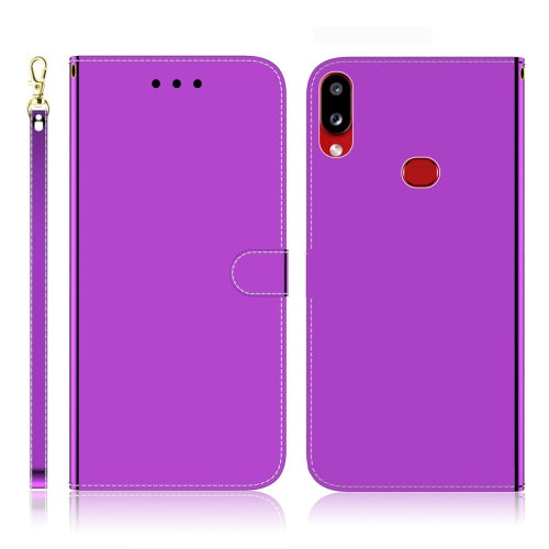 For Galaxy A10s Imitated Mirror Surface Horizontal Flip Leather Case with Holder & Card Slots & Wallet & Lanyard(Purple)