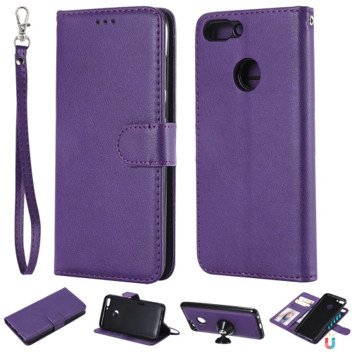 For Huawei P Smart / Enjoy 7s Solid Color Horizontal Flip Protective Case with Holder & Card Slots & Wallet & Photo Frame & Lanyard(Purple)
