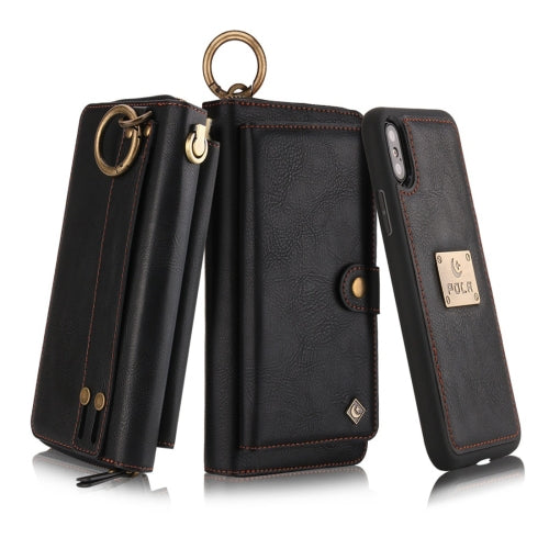 For iPhone XS POLA Multi-function Fashion Zipper Magnetic Horizontal Flip Leather Case with Card Slots & Wallet & Photo Frame & Lanyard(Black)