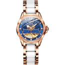 JIN SHI DUN 8831 Women Fashion Diamond Hollowed Waterproof Ceramic Mechanical Watch(Blue)
