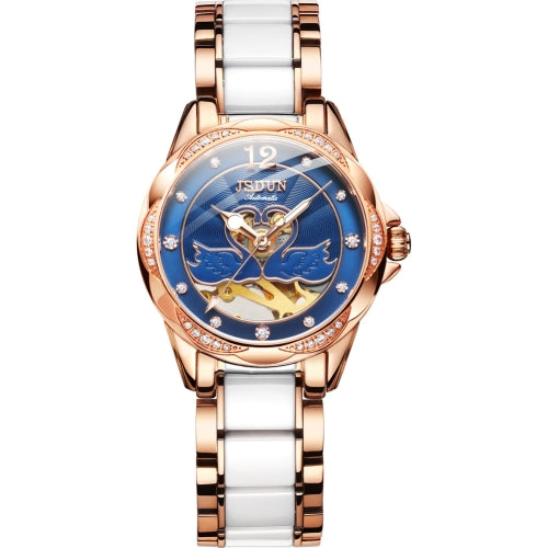 JIN SHI DUN 8831 Women Fashion Diamond Hollowed Waterproof Ceramic Mechanical Watch(Blue)