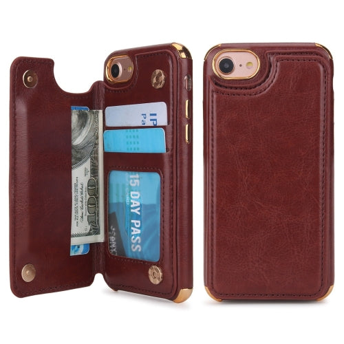 For iPhone 6 / 6s / 7 / 8 POLA TPU + PC Plating Full Coverage Protective Case with Holder & Card Slots & Photo Frame(Brown)