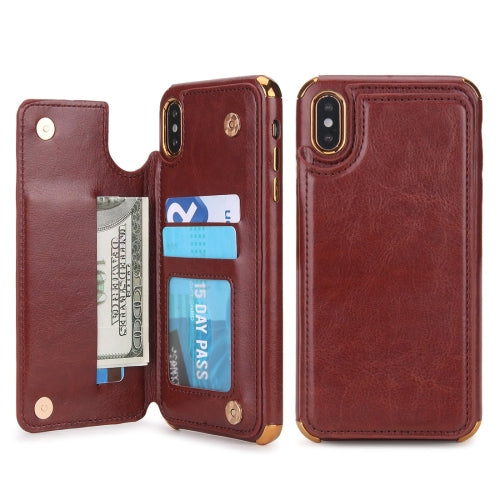 For iPhone X / XS POLA TPU + PC Plating Full Coverage Protective Case with Holder & Card Slots & Photo Frame(Brown)