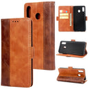 For Galaxy M20 Retro Texture Contrast Color Splicing Horizontal Flip TPU + PU Leather Case with Card Slots & Holder & Wallet(Brown)