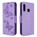 For Galaxy A70e Two Butterflies Embossing Pattern Horizontal Flip Leather Case with Holder & Card Slot & Wallet & Lanyard(Purple)