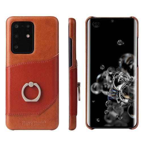 For Galaxy S20 Ultra Fierre Shann Oil Wax Texture Genuine Leather Back Cover Case with 360 Degree Rotation Holder & Card Slot(Brown)