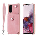 For Galaxy S20 Shockproof Protective Case with Mirror & Card Slot & Short Lanyard(Pink)