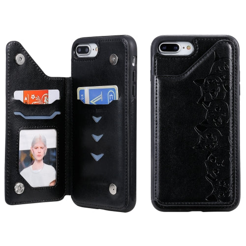 For iPhone 7 Plus / 8 Plus Six Cats Embossing Pattern Protective Case with Holder & Card Slots & Photo Frame(Black)