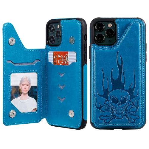 For iPhone 11 Pro Skull Head Embossing Pattern Shockproof Protective Case with Holder & Card Slots & Wallet(Blue)