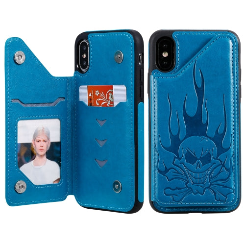 For iPhone XS / X Skull Head Embossing Pattern Shockproof Protective Case with Holder & Card Slots & Wallet(Blue)