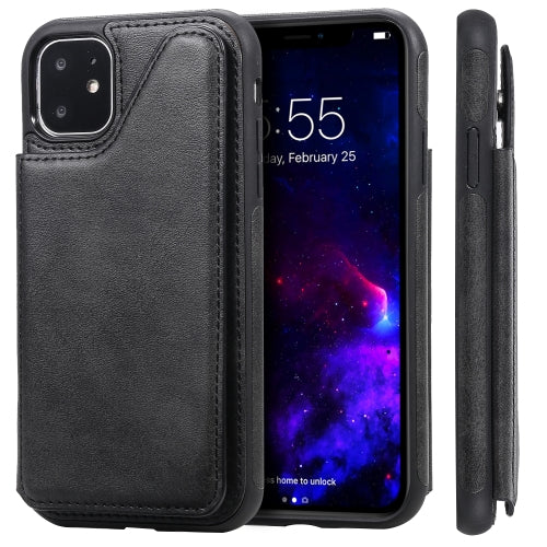 For iPhone 11 Shockproof Calf Texture Protective Case with Holder & Card Slots & Frame(Black)