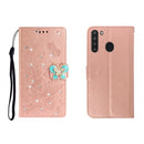 For Galaxy A21 Horizontal Rhinestone Butterfly Embossed Leather Case with Card Slot & Wallet & Holder(Rose Gold)