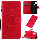For Galaxy M31 Pressed Printing Sunflower Pattern Horizontal Flip PU Leather Case with Holder & Card Slots & Wallet & Lanyard(Red)