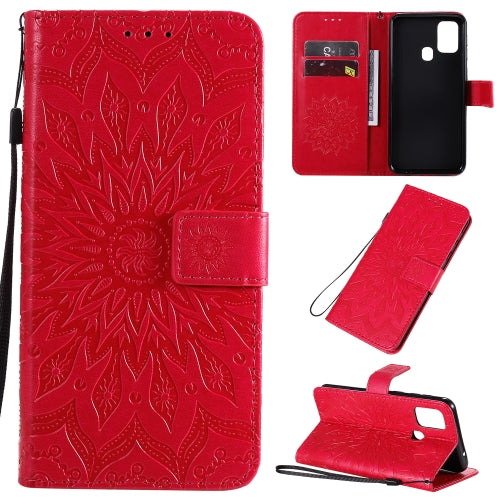 For Galaxy M31 Pressed Printing Sunflower Pattern Horizontal Flip PU Leather Case with Holder & Card Slots & Wallet & Lanyard(Red)